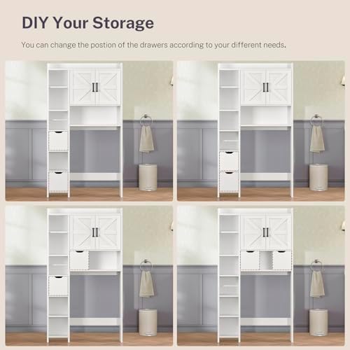 TEENFON Over the Toilet Storage Cabinet with 2 Removable Drawers, Above Toilet Storage Cabinet with 10 Storage Shelves, Taller Wooden Free Standing Bathroom Storage, Laundry Room Storage Shelf, White - Image 4