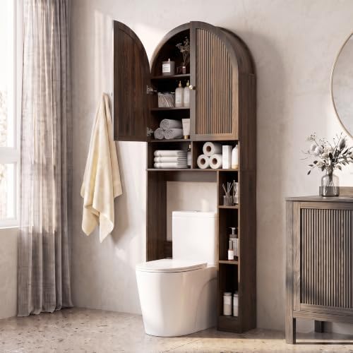 HMstone Over The Toilet Storage Cabinet, Arched Bathroom Organizer and Storage with Doors and Adjustable Shelf, Space-Saving Freestanding Bathroom Modern Storage Cabinet Over Toilet (Walnut) by HMstone