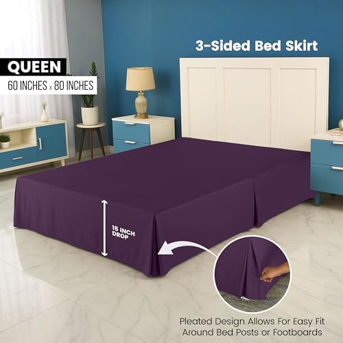 Queen Bed Skirt, Hides Under-Bed Storage 16 Inch Drop, Pleated, Purple - Image 2