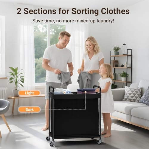 ELYKEN Laundry Hamper 2 Section, 100L Rolling Laundry Sorter with Wheels - Image 6