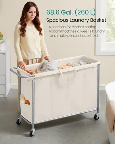 SONGMICS Laundry Basket with Wheels, 4-Section, 68.6 Gallons (260 L) - Image 3
