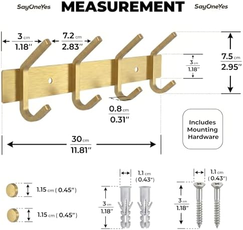 Brushed Gold Wall Mounted Coat Rack – 12 Inch Stainless Steel Rail with 4 Double Coat Hooks for Entryway, Bathroom, Bedroom, Kitchen – Modern Gold Hook Rack for Coats, Hats, Towels - Image 2