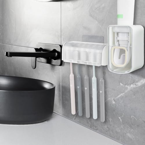 5 Slots Wall Mount Toothbrush Holder with Cover, Self Adhesive Toothbrush Storage Organizer for Shower, Toothbrush Hanger with Automatic Toothpaste Squeezer Dispenser - Image 5