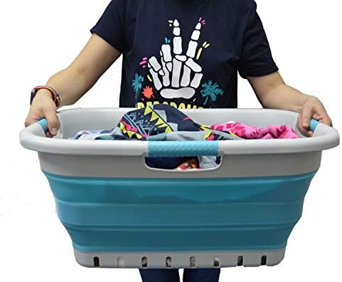SAMMART 41L (10.8 gallon) Set of 2 Collapsible 3 Handled Plastic Laundry Basket-Foldable Pop Up Storage Container/Organizer-Space Saving Hamper/Basket (2, Grey/Bright Blue) - Image 6