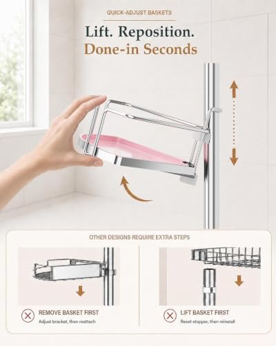 ALLZONE Corner Shower Caddy Tension Pole, 4 Hang-On Basket with Mixed-Height Shelves for Various Bottle Sizes, Extra Hooks & Soap Holder, Rustproof Stainless Steel, Fits 34–116 Inch, Silver/Pink - Image 2