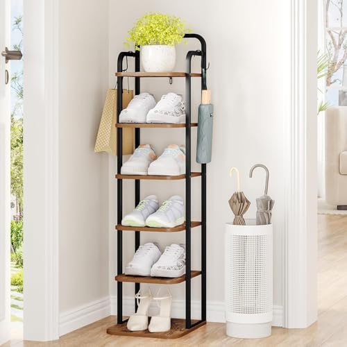 Hzuaneri 6 Tiers Vertical Shoe Rack, Narrow Shoe Tower, Tall Shoes Shelf with 2 Hooks, Adjustable Shelves, Corner Shoes Shelves for Small Spaces, Entryway, Living Room, Rustic Brown SR04201B by Hzuaneri