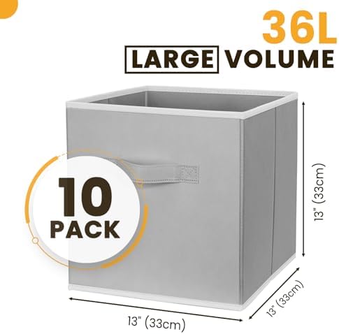 Criusia Large Storage Cubes, 13 Inch Cube Storage Bins for Shelves Closet Nursery Bedroom - 10 Pack Collapsible Storage Baskets with Handles - Fabric Bins for Organizing Magazines Clothes Toys (Grey) - Image 2
