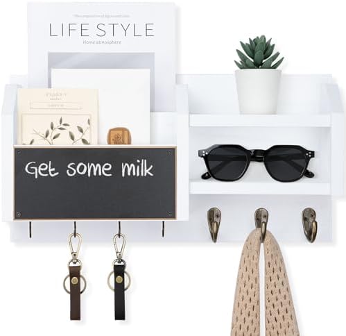Lwenki Mail and Key Holder – Wall Mount Key Hanger with Shelf and 7 Metal Hooks – Decorative Natural Paulownia Wood Entryway Organizer with Mounting Hardware (16.5”W x 8.7”H x 3.5”D) (White) - Image 7