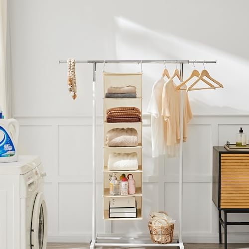 MAX Houser 2 Pack 6 Tier Foldable Hanging Closet Organizer, Beige | foldable lightweight fabric closet storage, space-saving design for Bedroom, Closet Hanging Shelf for Storage - Image 4