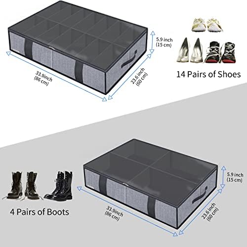Onlyeasy Under Bed Shoe Storage Organizers for Kids and Adults Fit 14 Pairs of Shoes & 4 Pairs of Boots, Sturdy Underbed Organizer with 2 Strong Zippers and 4 Handles, Linen-like Grey, MXDUBS14S4 - Image 2