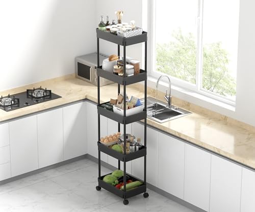 Sooyee 5-Tier Plastic Rolling Utility Cart with Wheels, Multi-Functional Storage Trolley for Office, Living Room, Kitchen, Movable Storage Organizer, Black - Image 3