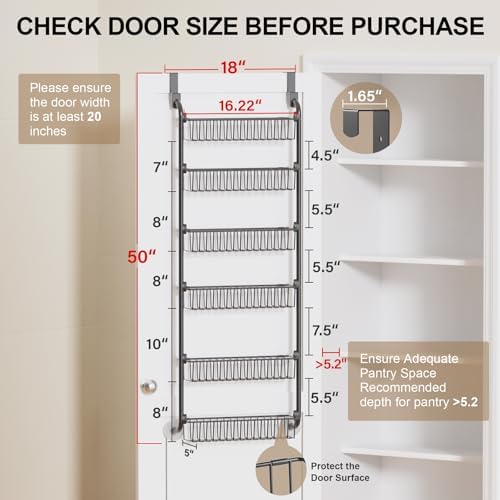 Delamu Over the Door Pantry Organizer, 6-Tier Metal Pantry Door Organization and Storage, Hanging Kitchen Basket Spice Rack Seasoning Shelves, Cabinet Door Organizer for Easy Install,D5xW18xH50inch - Image 2