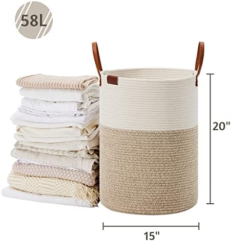 VIPOSCO Tall Laundry Basket, Large Dirty Clothes Hamper with Leather Handle, Woven Rope Storage Basket for Blanket, Toy In Living Room, Bathroom, Bedroom - 58L White & Brown - Image 5