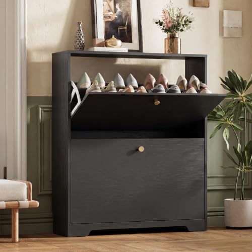 Nicetree Shoe Cabinet with 2 Flip Drawers, Narrow Shoe Organizer Cabinet, Freestanding Shoe Rack Cabinet, Modern Shoe Storage Cabinet for Entryway, Hallway, Foyer, Black by Nicetree