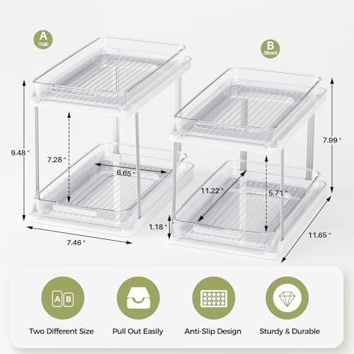 Delamu 2-Tier Bathroom Under Sink Organizers and Storage, Pull Out Cabinet Drawers with Anti-Slip Design, Multi-Purpose Storage for Kitchen, Pantry, Bathroom & Home Organization, White, 2 Pack - Image 2