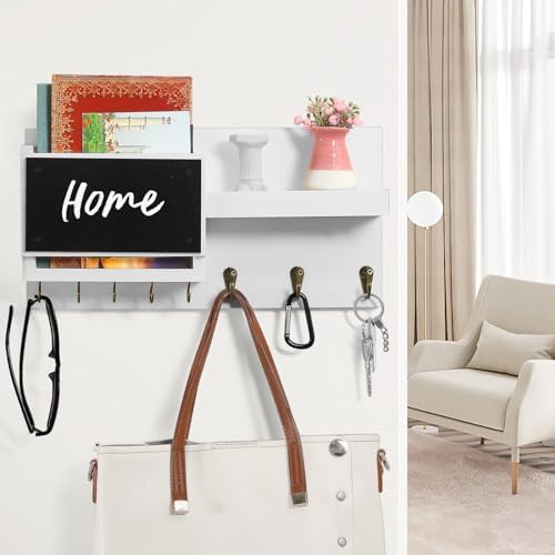 Decorative Key Hanging Rack with 8 Hooks – Easy Install Natural Wooden Key and Mail Holder for Wall Mount – Sunglasses Wallet Holder Entryway Decor with Shelf and Chalkboard (White) - Image 4