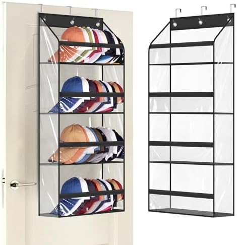 AOODA Clear Over the Door Hat Racks for Baseball Caps, Hold 48 Caps Hat Storage Organizer for Closet Wall, Deep Pockets Hanging Snapback Holder Shelves with 3 Hooks, Black by AOODA