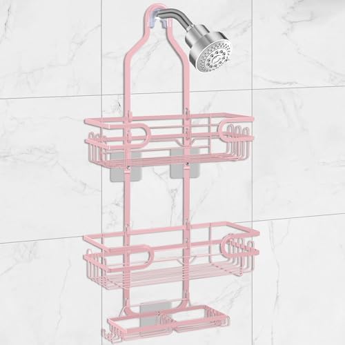 Shower Caddy Hanging, Over Head Shower Caddy Shower Storage Rack Basket with Hooks for Razor and Sponge Rustproof, No Drilling, Accessories for Bathroom and Kitchen, pink by Lawhood-Mijin
