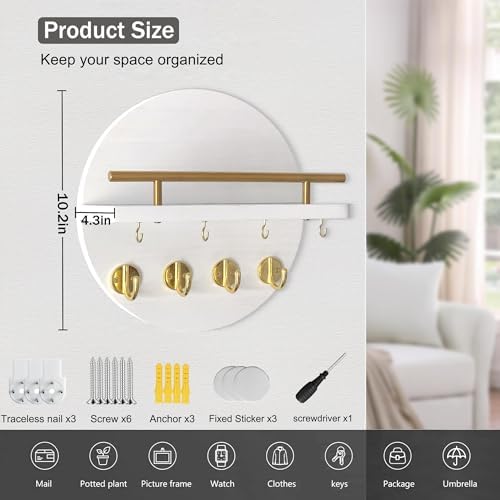 10.2" Key Holder Wall Mount with Shelf & Mail Organizer, 8 Hooks White - Image 6