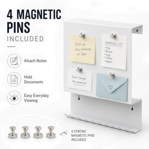Wall Mounted Key Holder and Mail Organizer with 11 Hooks and 4 Pins,White - Image 3