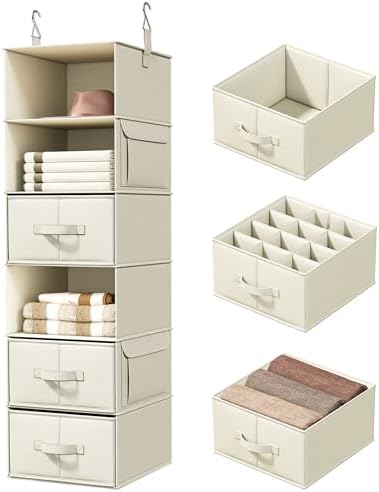 Vailando 6-Shelf Hanging Closet Organizer with 3 Fabric Drawers, Beige | Removable Fabric Drawers, Side Pockets, Reinforced Structure, Space-Saving Storage for Clothes, Nursery and Dorm Rooms by Vailando