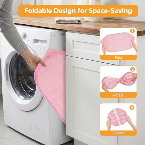 Sturdy Collapsible Laundry Baskets - Pop Up Laundry Hampers with Handy Pocket, Foldable Clothes Hamper with Reinforced Carry Handles for Bathroom, Kids Room, Dorm or Travel - Check Print, Pink - Image 5