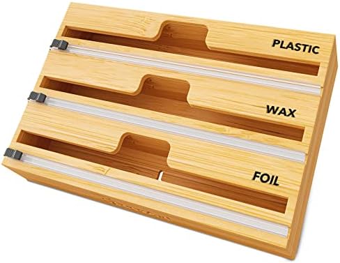 SpaceAid WrapNeat 3 in 1 Wrap Organizer with Cutter and Labels, Plastic Wrap, Aluminum Foil and Wax Bamboo Dispenser for Kitchen Storage Organization Holder for 12" Roll (Natural) by SpaceAid