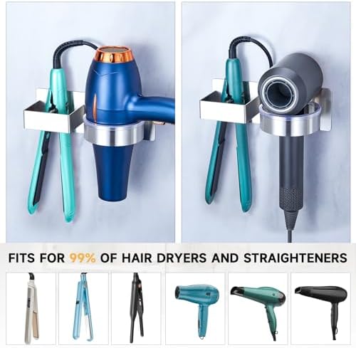 Hair Dryer Holder Wall Mounted, Hair Straightener Holder, Blow Dryer Holder Adhesive, Hair Tool Organizer for Flat Iron, Hairdryer, Curling Iron Holder for Bathroom Vanity Barber Shop (Silver) - Image 4
