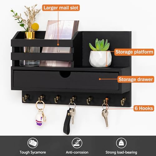 dreampossible Key and Mail Holder for Wall, Mail Organizer Wall Mount with 7 Hooks and Storage Drawer, Wooden Key Rack Hanger with Shelf for Entryway and Home Decor - Image 3