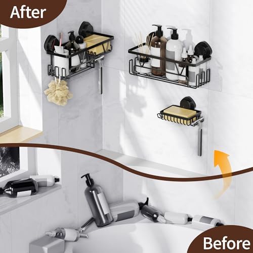 KEGII Shower Caddy Suction Cup, 3 Pack Removable Shower Shelves with Hooks & Soap Holder, No Drilling Bathroom Organizer, Waterproof Suction Storage for Inside Shower, Black - Image 6