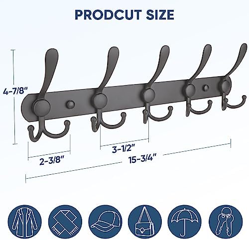 TICONN Wall Mounted Coat Rack, Five Heavy Duty Tri Hooks All Metal Construction for Jacket Coat Hat in Mudroom Entryway (Space Gray, 2-Pack) - Image 2