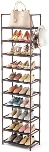 LANTEFUL 10 Tiers Tall Shoe Rack 20-25 Pairs Boots Organizer Storage Sturdy Narrow Shoe Shelf for Entryway, Closets with Hooks, Brown by LANTEFULforTidyingHouse