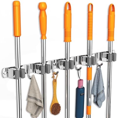CUXIXA 2 Pack Mop and Broom Holder Wall Mount, Non-slip Broom Hanger Wall Mount, Heavy Duty Mop Broom Organizer for Kitchen Garden Garage Laundry Room Wall Decor Organization and Storage Silver 5R4H - Image 3