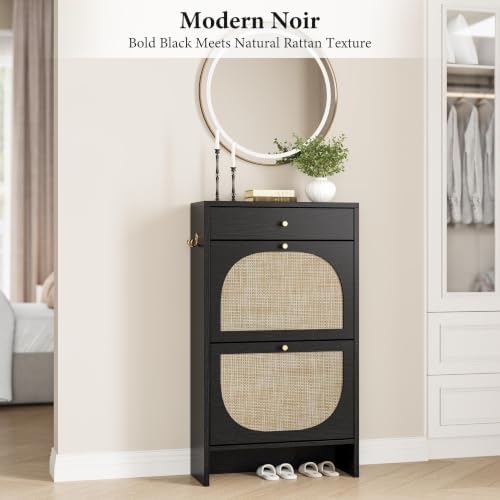 Nicetree Shoe Cabinet for Entryway, Slim Shoe Rack with 2 Flip Drawers and Top Storage Drawer, Narrow Shoe Organizer with Printed Rattan-Look Design, Entryway Shoe Storage for Size 12+ Shoes, Black - Image 6