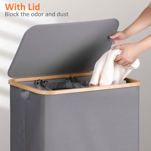 efluky Laundry Hamper 3 Section with lid and 3 Removable Bags, Silver Grey - Image 3