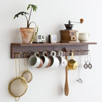 Wall Mount Walnut Coat Rack, 5 Brass Hooks, Floating Shelf - Image 2