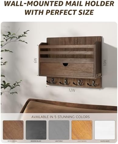 Rebee Vision Mail Organizer Wall Mount with Hooks for Entryway, Retro Brown - Image 5