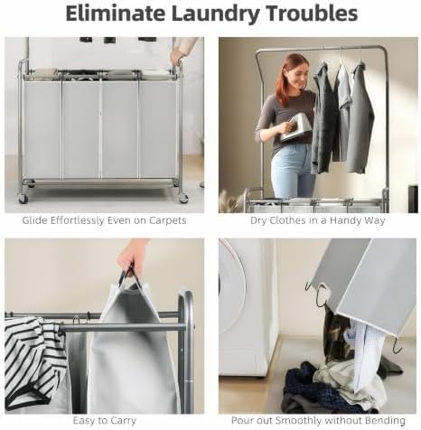 ROMOON Laundry Hamper Sorter Cart, 4 Section Organizer with Hanging Bar - Image 7