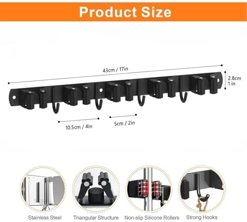 CUXIXA 2 Pack Mop and Broom Holder Wall Mount, Non-slip Broom Hanger Wall Mount, Heavy Duty Mop Broom Organizer for Kitchen Garden Garage Laundry Room Wall Decor Organization and Storage Black 5R4H - Image 5