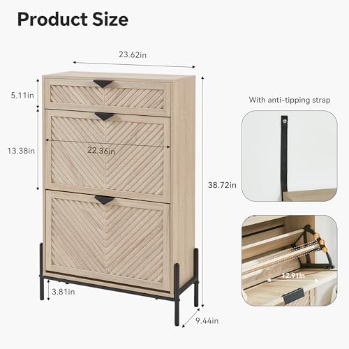 Shoe Cabinet with 2 Flip Drawers, Narrow Entryway Rack, Oak - Image 2