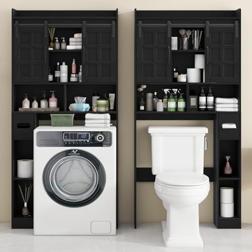 Halitaa Over The Toilet Storage Cabinet with Sliding Doors,Pure Black - Image 4