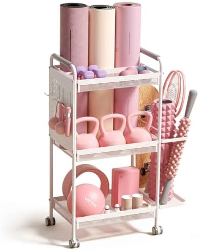 YOTTOY 3-Tier Gym Storage Rack for Home Gym–Multi-Functional Weight Rack, Dumbbell Rack, Yoga Mat Holder with Side Basket & 6 Hooks, Gym Equipment Organizer by YOTTOY