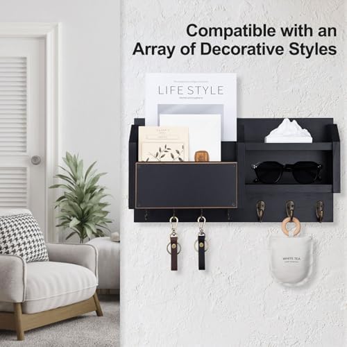 Lwenki Mail and Key Holder – Wall Mount Key Hanger with Shelf and 7 Metal Hooks – Decorative Natural Paulownia Wood Entryway Organizer with Mounting Hardware (16.5”W x 8.7”H x 3.5”D) (Black) - Image 2