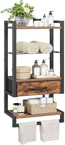 HOOBRO Wall Mounted Towel Rack with Shelf and Drawer, Bathroom Wall Storage Shelf with Towel Bar, Space Saving Over Toilet Organizer for Bathroom, Rustic Brown BF11LB01 by HOOBRO