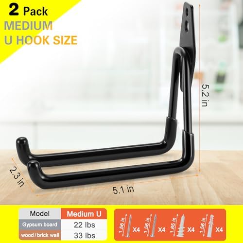 2 Pack Garage Hooks Heavy Duty Storage Organizer Wall Mount Power and Garden Tool Hangers, for Hanging Ladders, Ropes, Hose, Bulk Items - Image 3