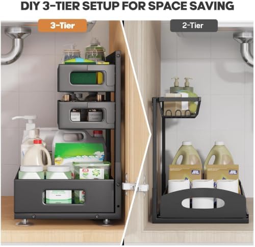 2 Pack 21IN-Depth Under Sink Organizer,Pull Out Cabinet Organizer With Smooth Cylindrical Rail,Metal Slide Out Drawer for Kitchen Bathroom Laundry,8-Level Tool Free Height Adjustable-Black - Image 4