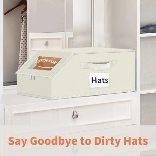 Aokeyee Hat Organizer for Baseball Caps - 2PCS Stackable Storage with Clear Window Lid, Flip-Top Access, Space-Saving Hat Box for Closet, Breathable Fabric (beige) - Image 5