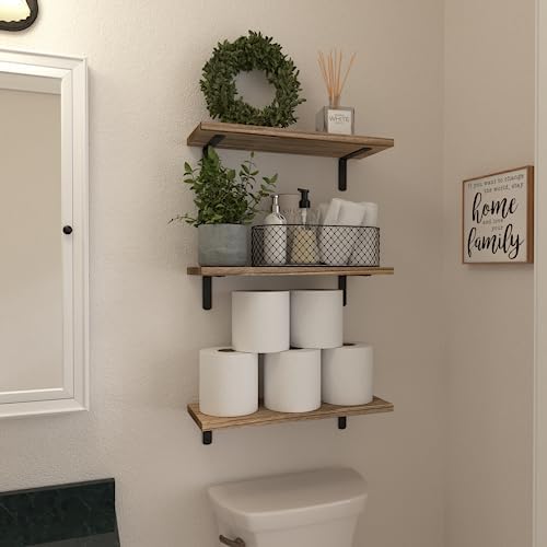 WOPITUES Wood Floating Shelves Set of 6, Shelves for Wall Decor, Farmhouse Shelf for Bedroom, Bathroom Storage Shelves, Book Shelves for Living Room - Rustic Brown (Pack of 2) - Image 4