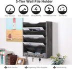 PAG-Mass 5-Tier Wall File Holder Hanging Mail Organizer Wood Magazine Literature Rack with 6 Hooks, Dark Gray - Image 5