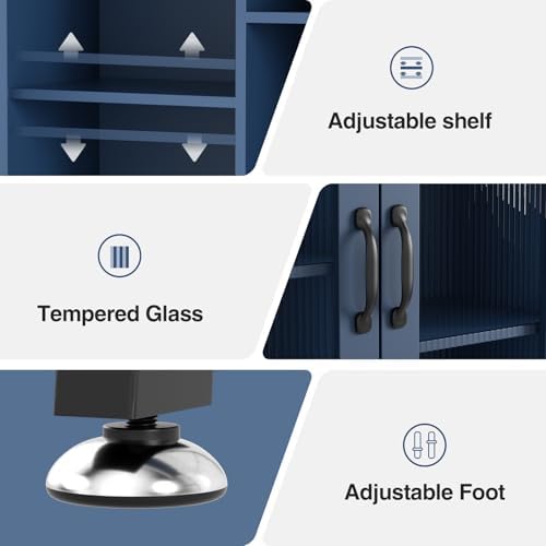 Over The Toilet Storage Cabinet with Tempered Glass Doors and Adjustable Shelf, Bathroom Organizer with Metal Stand Space Saver Over Toilet , Modern Toilet Rack for Bathroom, Restroom, Laundry, Blue - Image 6